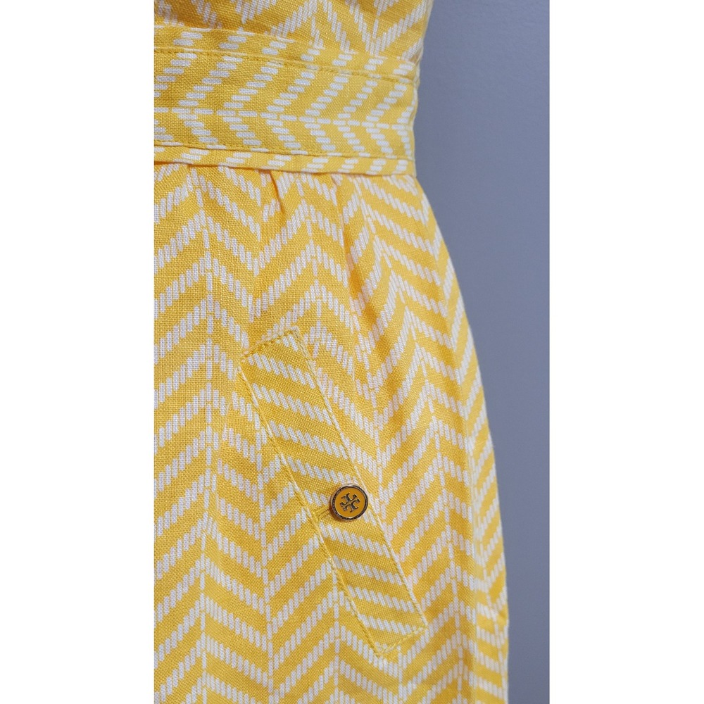 Tory Burch Linen Button-Down Yellow Chevron Dress - Picture 9 of 10